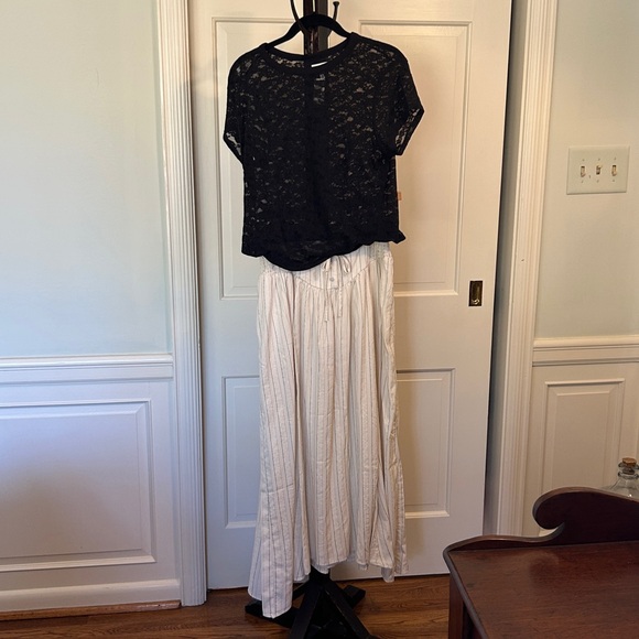 Flare Midi Maxi Skirt Womens Natural White Pin Stripe Black + Tan Fully Lined - Picture 13 of 15